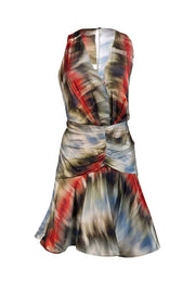 Current Boutique-Silvia Tcherassi - Green, Red, Cream, & Blue Print Silk Blend Ruched Dress Sz L