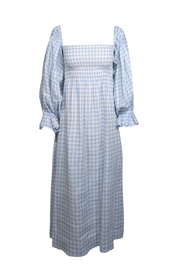 Current Boutique-Sleeper - Light Blue & White Gingham Linen Balloon Sleeve Dress Sz XS