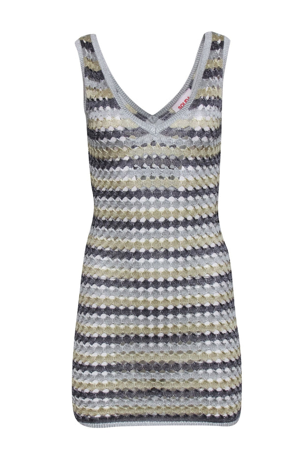 Current Boutique-Solid & Striped - Grey, Silver, & Gold Crochet Knit Sleeveless Dress Sz S