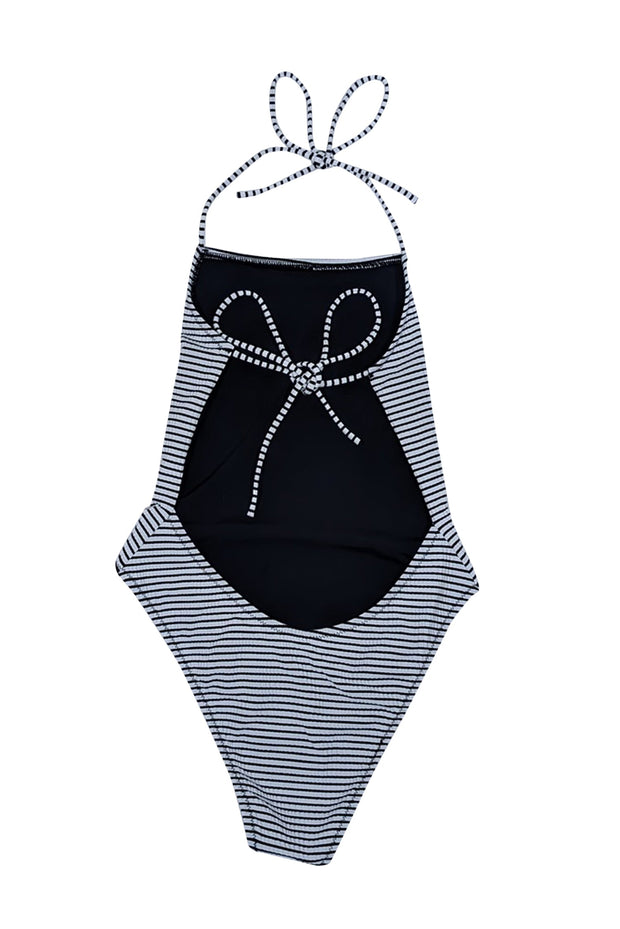 Current Boutique-Solid & Striped - White & Black Striped Seersucker One Piece Bathing Suit Sz S