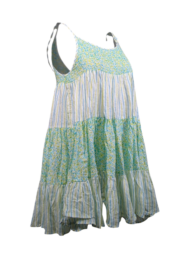 Current Boutique-Solid & Striped - White, Yellow, & Blue Striped Floral Print Linen Mini Dress Sz XS