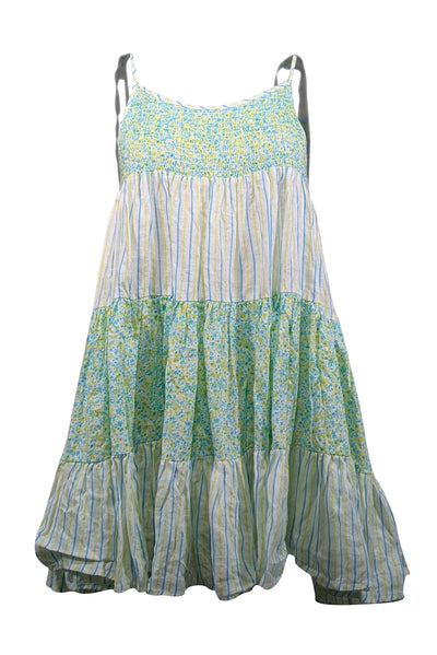 Current Boutique-Solid & Striped - White, Yellow, & Blue Striped Floral Print Linen Mini Dress Sz XS