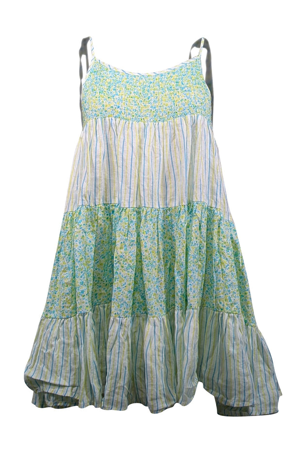 Current Boutique-Solid & Striped - White, Yellow, & Blue Striped Floral Print Linen Mini Dress Sz XS