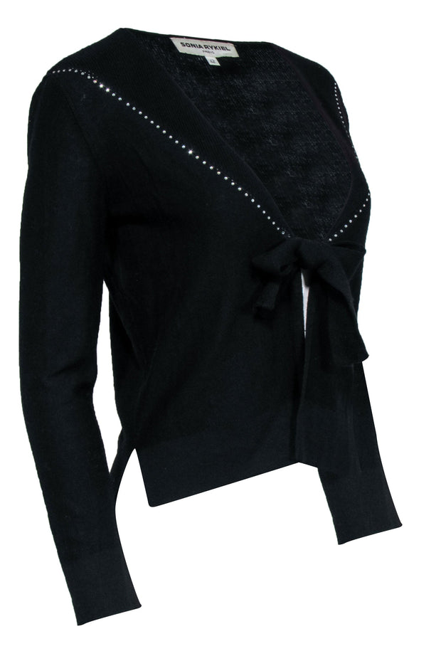 Current Boutique-Sonia Rykiel - Black Rhinestone Trim Tie Front Cardigan Sz 10