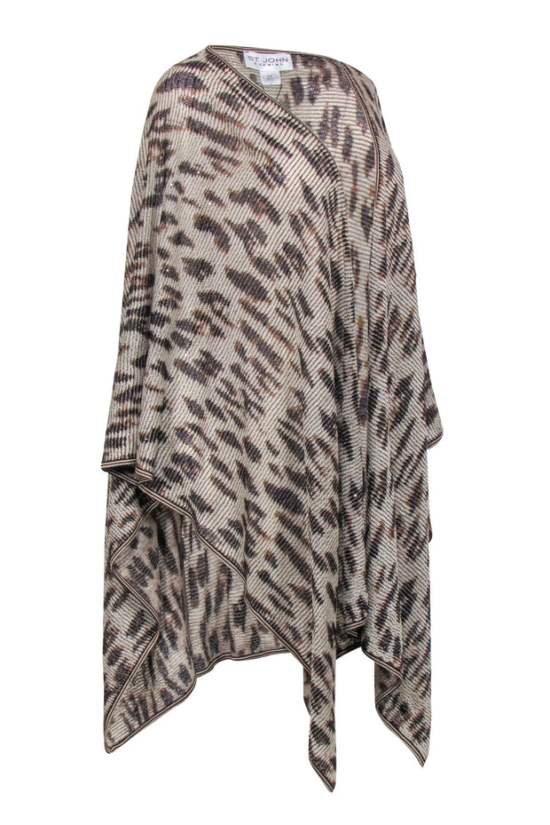 Current Boutique-St. John - Beige & Brown Leopard Print Open Fron Cardigan Shawl Sz OS