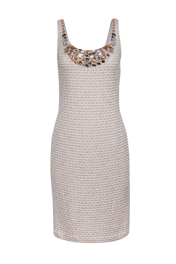 Current Boutique-St. John - Beige, Salmon, & Gold Tweed Dress w/ Jeweled Neckline Sz 8