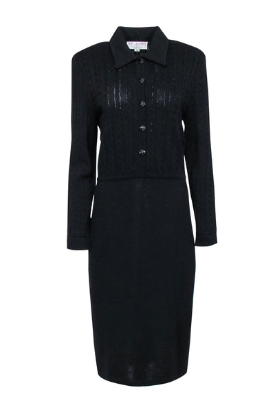 Current Boutique-St. John - Black Cable Knit Long Sleeve Button-Up Dress Sz 8