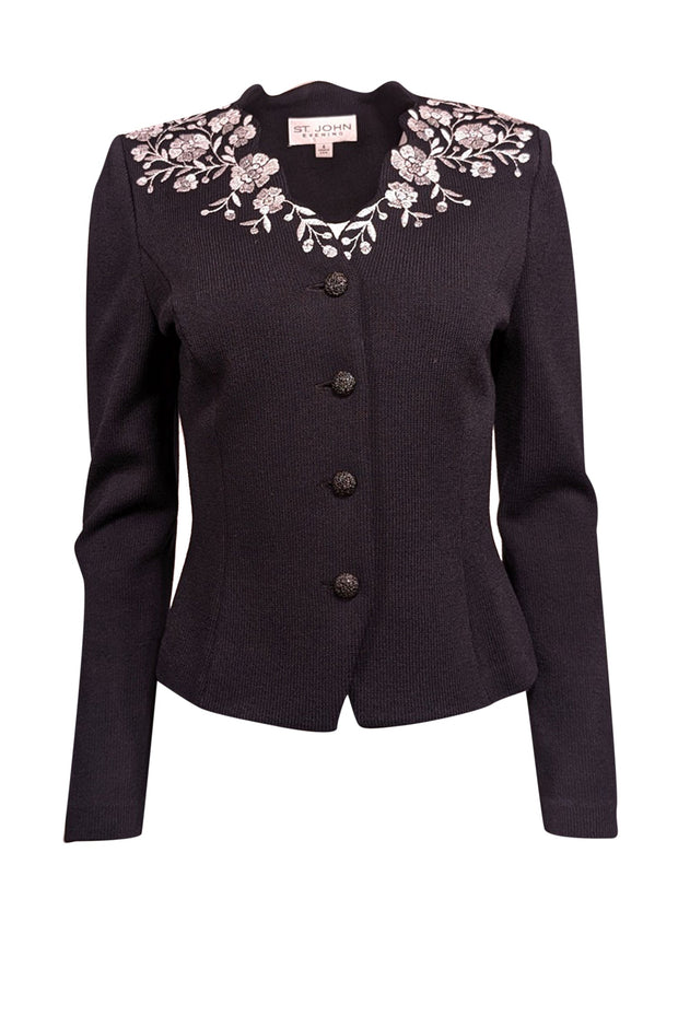 Current Boutique-St. John - Black Knit Jacket w/ Rhinestones & Floral Embroidery Sz 4