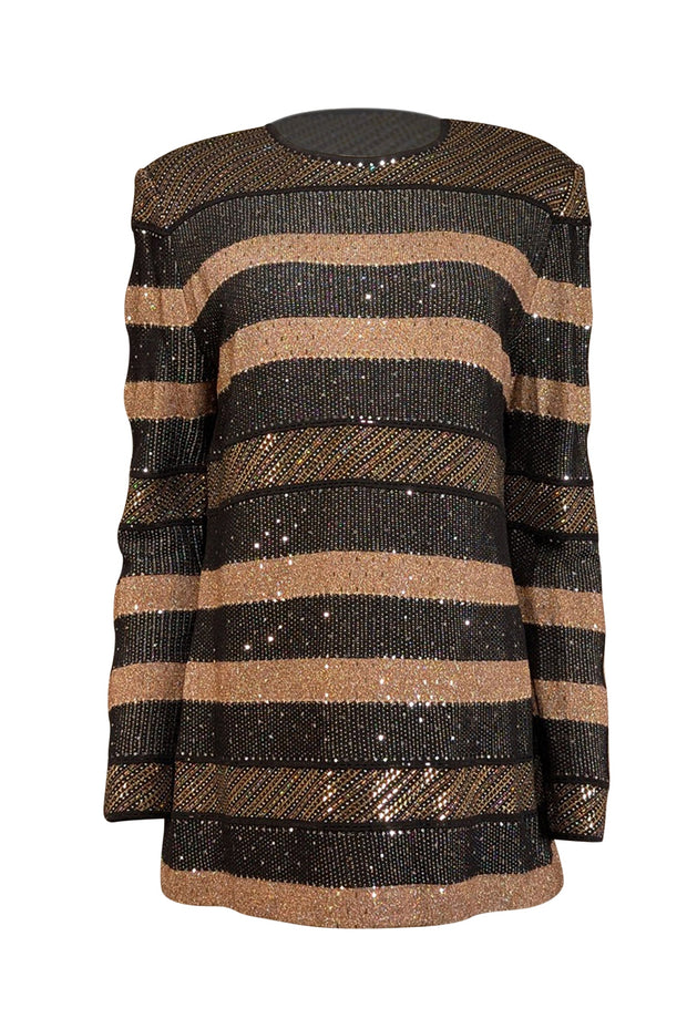 Current Boutique-St. John - Black & Metallic Gold Stripe Knit Sweater Sz L