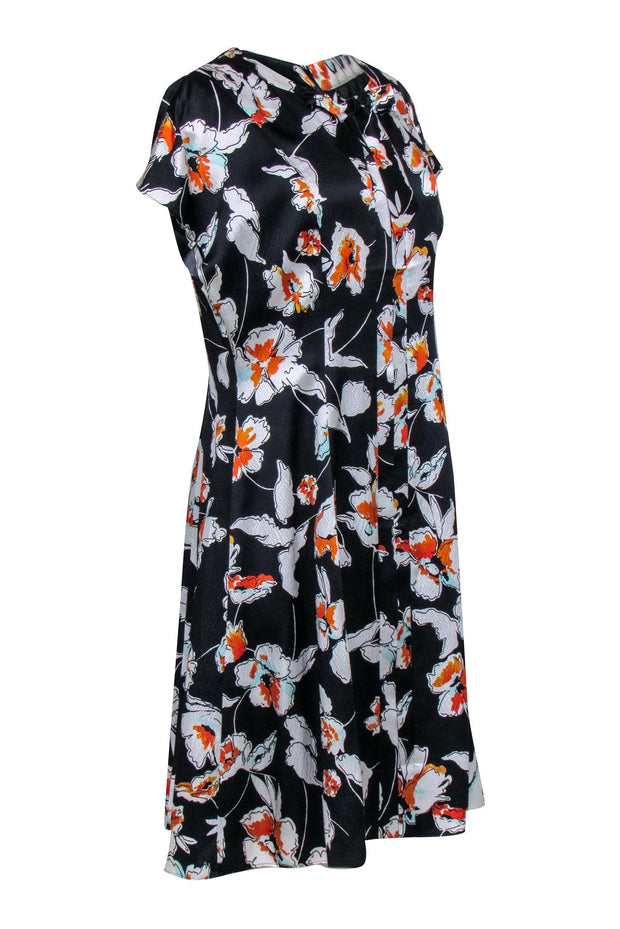 Current Boutique-St. John - Black & Orange Floral Print Neck Tie Dress Sz 10