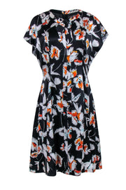 Current Boutique-St. John - Black & Orange Floral Print Neck Tie Dress Sz 10