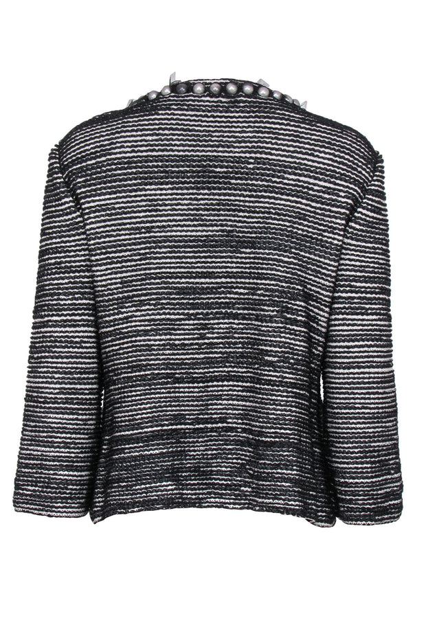 Current Boutique-St. John - Black & White Textured Striped Zip-Up Jacket w/ Tulle & Pearl Trim Sz 12