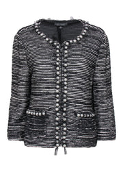 Current Boutique-St. John - Black & White Textured Striped Zip-Up Jacket w/ Tulle & Pearl Trim Sz 12