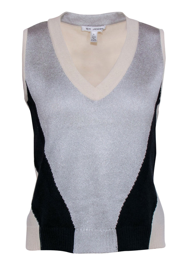 Current Boutique-St. John - Black and Silver Shimmer Sweater Vest Sz P