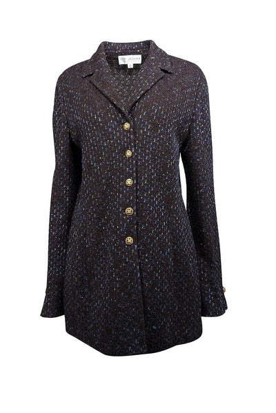 Current Boutique-St. John - Brown & Blue Knit Jacket w/ Gold Floral Buttons Sz 12