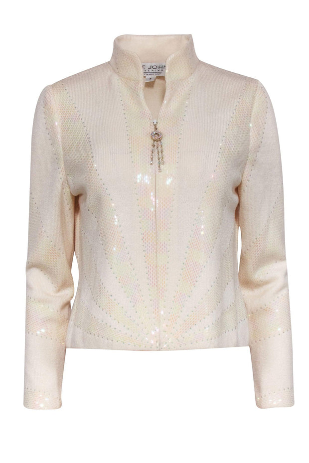 Current Boutique-St. John - Cream Iridescent Sequin Knit Jacket w/ Rhinestone Zipper Sz 6