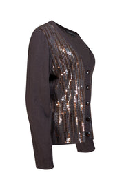 Current Boutique-St. John - Dark Brown Wool & Silk Sequined Cardigan Sz L