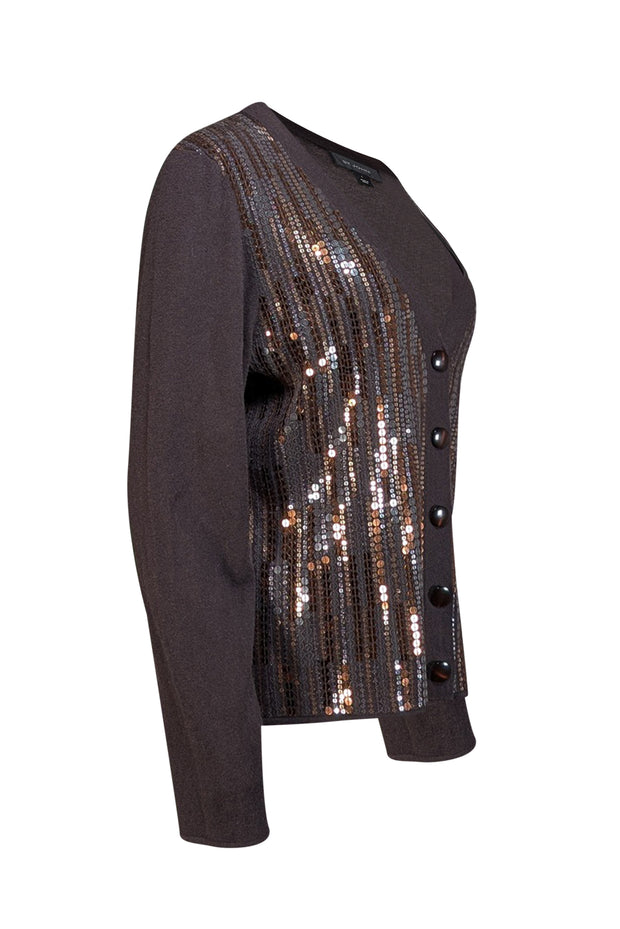 Current Boutique-St. John - Dark Brown Wool & Silk Sequined Cardigan Sz L