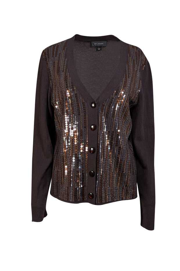 Current Boutique-St. John - Dark Brown Wool & Silk Sequined Cardigan Sz L