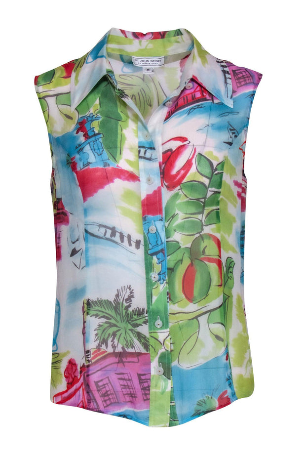 Current Boutique-St. John - Green Coastal Print Silk Sleeveless Blouse Sz M