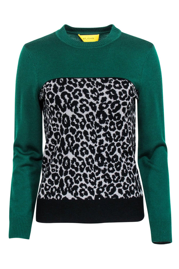 Current Boutique-St. John - Green w/ Black & Grey Leopard Print Sweater Sz S