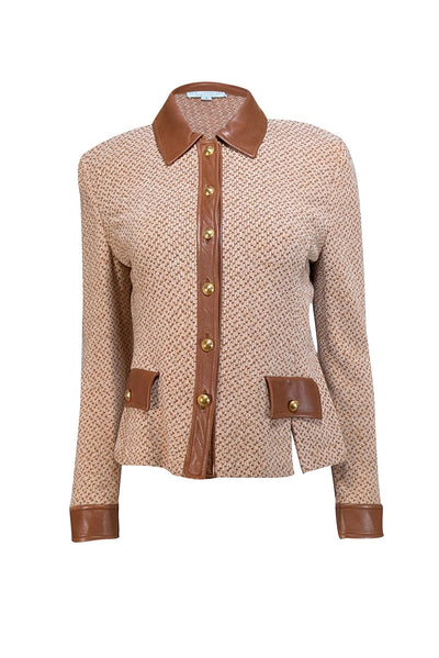 Current Boutique-St. John - Light Brown & Tan Wool Blend Jacket w/ Leather Trim Sz 4