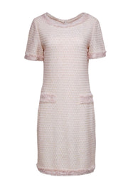 Current Boutique-St. John - Light Pink & Cream Tweed Sheath Dress w/ Fringe Accents Sz 12