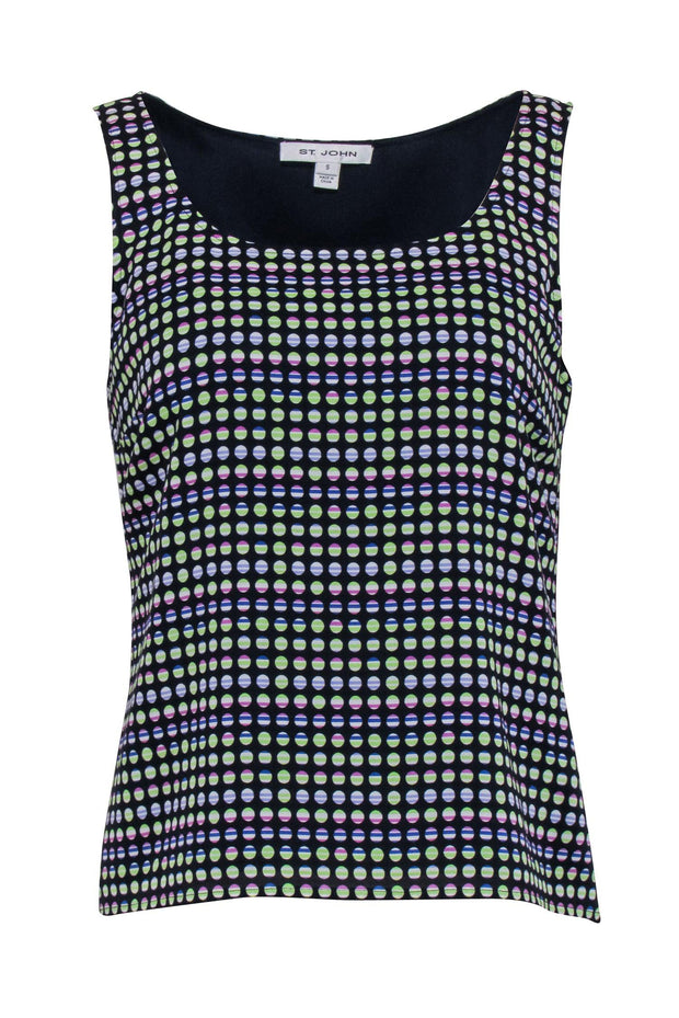 Current Boutique-St. John - Navy, Green, & Purple Polka Dot Sleeveless Tank Top Sz S