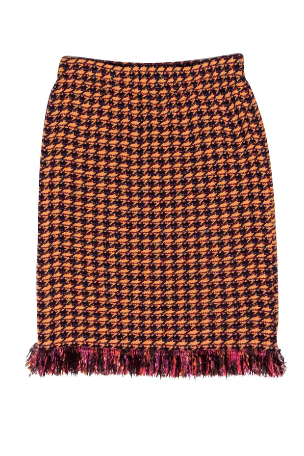 Current Boutique-St. John - Orange, Burgundy & Maroon Houndstooth w/ Fringe Skirt Sz 4