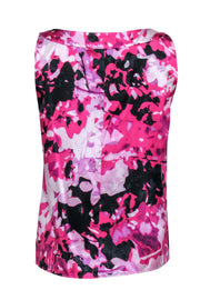 Current Boutique-St. John - Pink & Black Floral Print Silk Blend Sleeveless Top Sz M