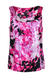 Current Boutique-St. John - Pink & Black Floral Print Silk Blend Sleeveless Top Sz M