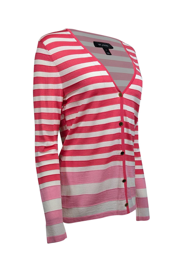 Current Boutique-St. John - Pink & White Stripe Button Front Cardigan Sz M