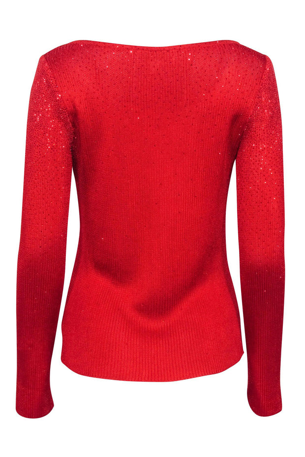 Current Boutique-St. John - Red Knit Rhinestone Scoop Neck Sweater Sz M