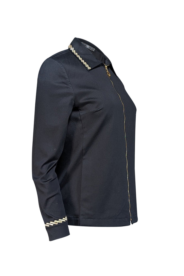 Current Boutique-St. John Sport - Black Collared Jacket w/ Metallic Embroidery Sz P