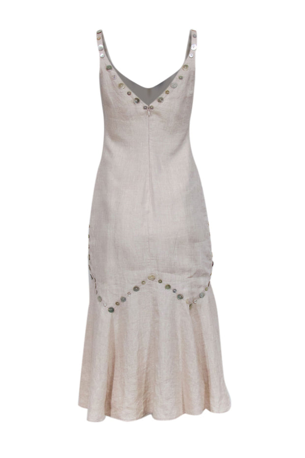 Current Boutique-Staud - Beige Linen Midi Dress w/ Tortoise Button Trim Sz 4