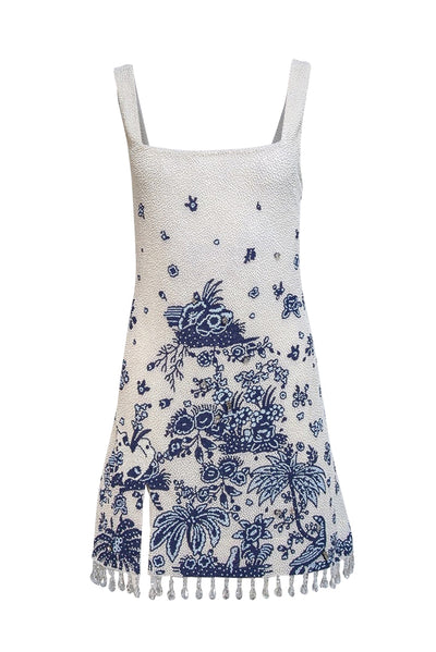 Current Boutique-Staud - Ivory & Blue "Le Sable" Floral Beaded Minidress Sz M