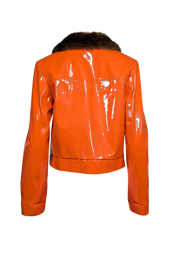 Current Boutique-Staud - Orange Faux Patent Leather Jacket w/ Faux Fur Collar Sz M