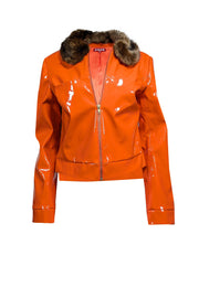 Current Boutique-Staud - Orange Faux Patent Leather Jacket w/ Faux Fur Collar Sz M