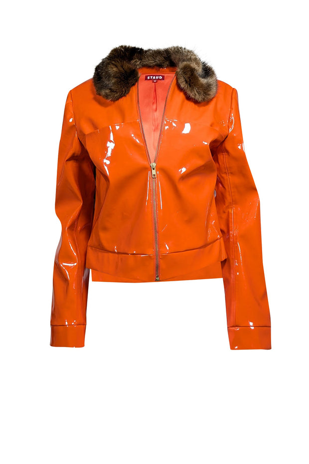 Current Boutique-Staud - Orange Faux Patent Leather Jacket w/ Faux Fur Collar Sz M