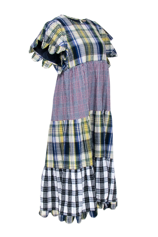 Current Boutique-Stella Nova - Blue & Multicolor Mixed Plaid Print Tiered Midi Dress Sz 4