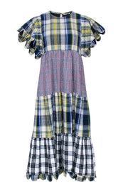 Current Boutique-Stella Nova - Blue & Multicolor Mixed Plaid Print Tiered Midi Dress Sz 4