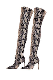 Current Boutique-Stuart Weitzman - Beige & Black Snake Skin Print Heeled Tall Boots Sz 6.5