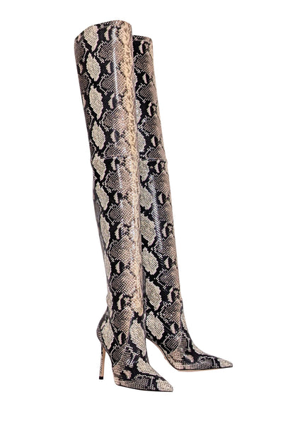 Current Boutique-Stuart Weitzman - Beige & Black Snake Skin Print Heeled Tall Boots Sz 6.5