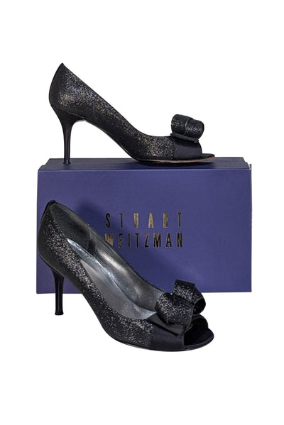 Current Boutique-Stuart Weitzman - Black Glitter Peep Toe Basic Pumps Sz 9