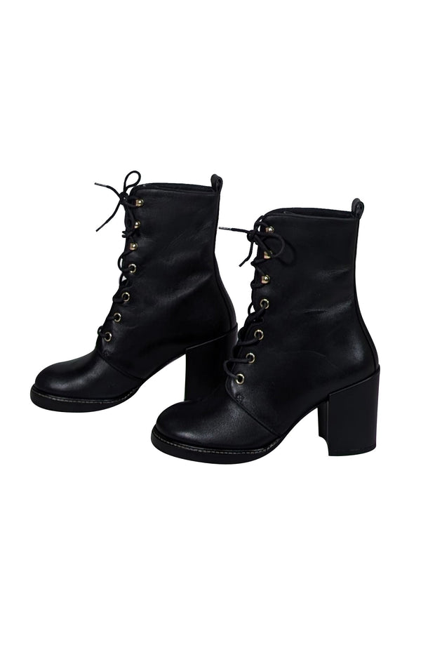 Current Boutique-Stuart Weitzman - Black Leather Cassey Lace-Up Boot Sz 7