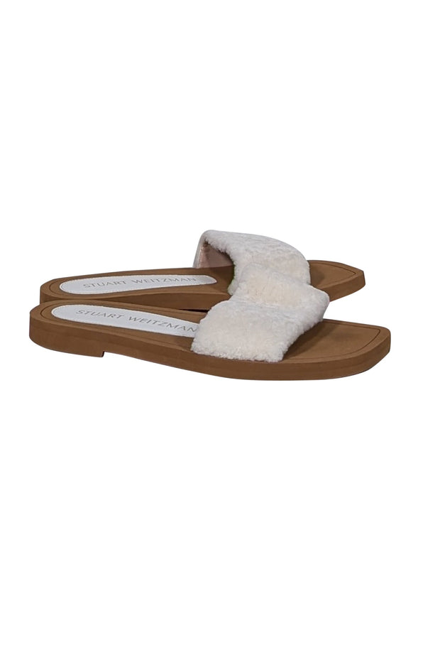 Current Boutique-Stuart Weitzman - Brown Leather & White Shearling Slide Sandals Sz 8