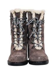 Current Boutique-Stuart Weitzman - Grey Suede Lace Up Short Boots w/ Shearling Lining Sz 9