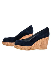 Current Boutique-Stuart Weitzman - Navy Peep Toe Cork Wedges Sz 8