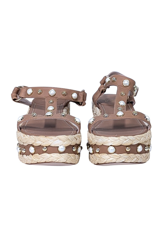 Current Boutique-Stuart Weitzman - Tan & Beige Trim "Beraffia Pearly Vachetta" Platform Sandals Sz 9