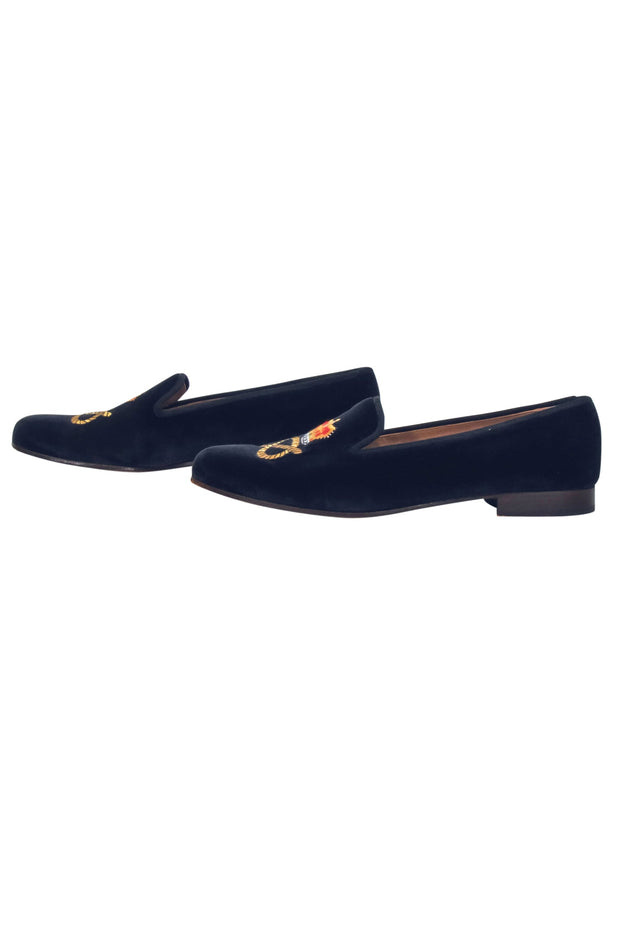 Current Boutique-Stubbs & Wootton - Navy Velvet Loafers w/ Embroidered Crown Toe Sz 11